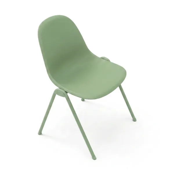 Sedia impilabile Bolla Unisit con scocca verde salvia e gambe in acciaio coordinate