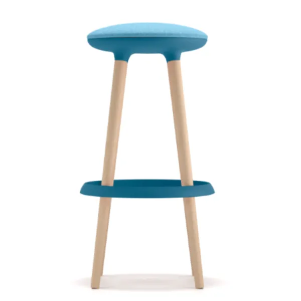 Sgabello alto Joy Unisit con seduta blu, poggiapiedi e gambe in faggio