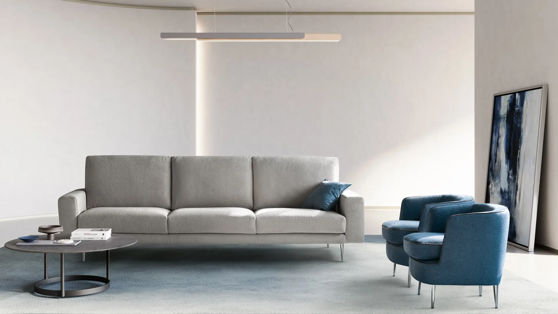 Divano Vittoria Aerre Divani grigio tre posti con due poltroncine blu e tavolino rotondo