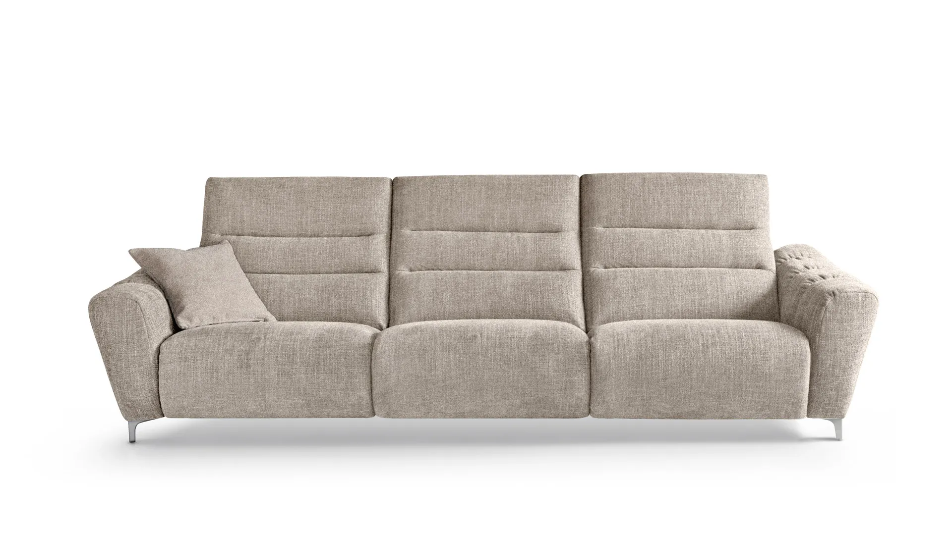 Divano Juliette Aerre Divani beige tre posti con schienali imbottiti a fasce, su fondo bianco