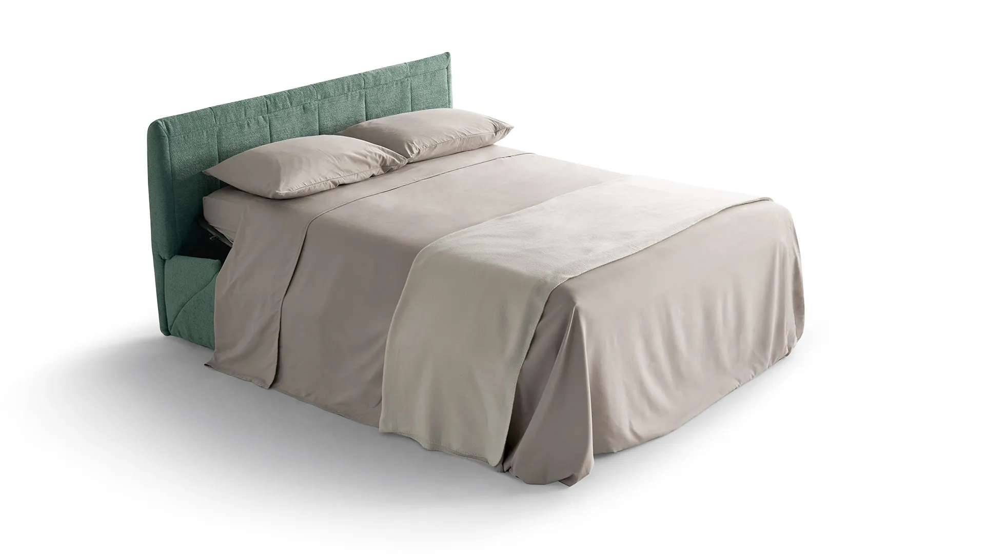 Divano letto Aladin Aerre Divani verde aperto con materasso e lenzuola