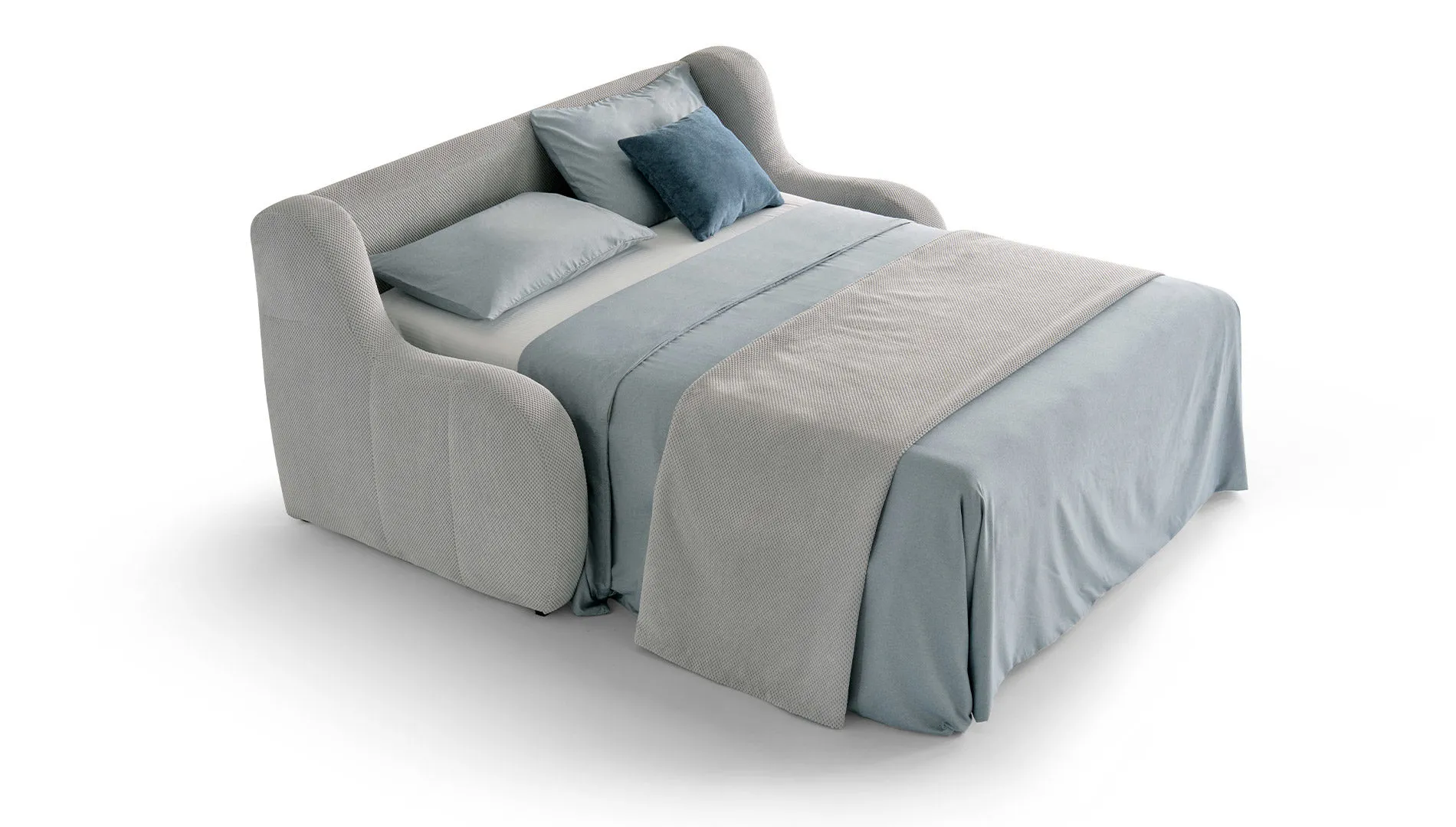 Divano letto Bloom Aerre Divani grigio aperto con materasso e lenzuola azzurre