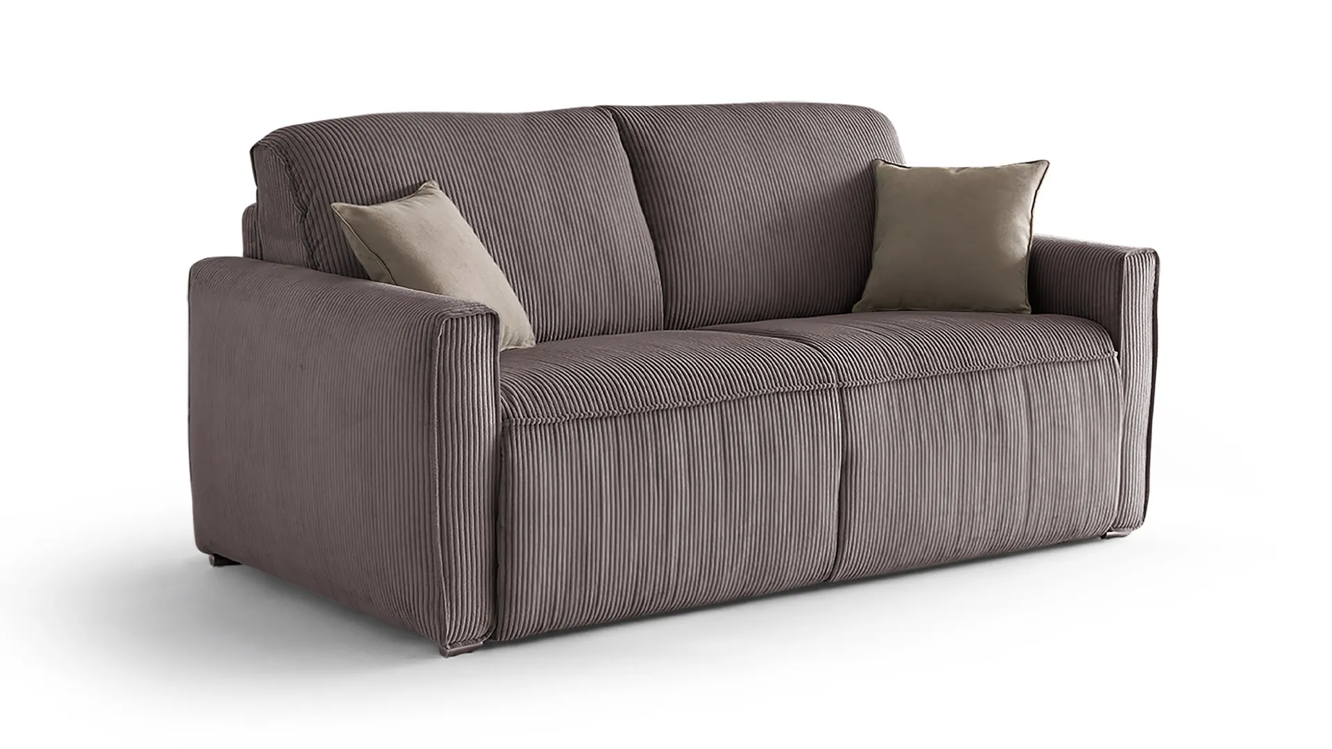 Divano letto Twist Aerre Divani tre posti marrone con cuscini beige, su fondo chiaro