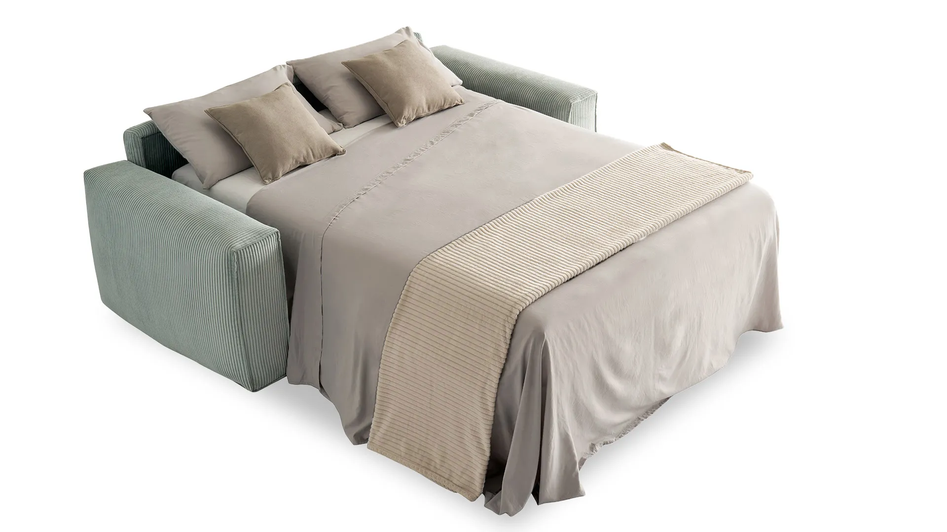Divano letto Twist Aerre Divani aperto con materasso, lenzuola e cuscini