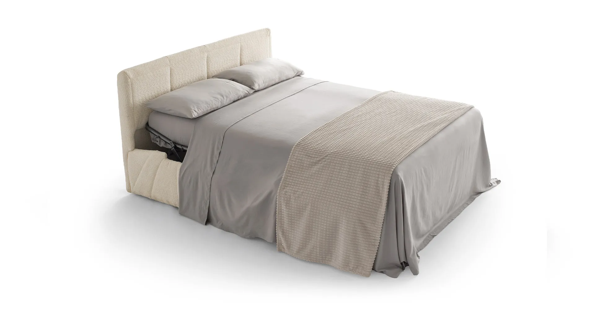 Divano letto Master Aerre Divani aperto con materasso e lenzuola grigie