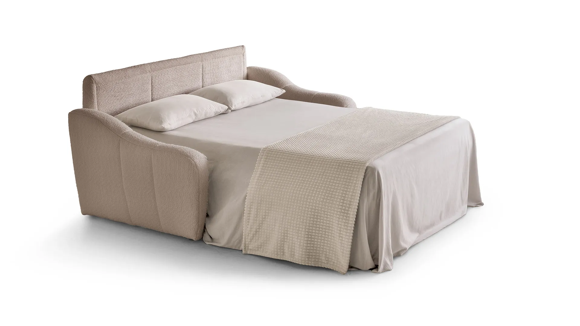 Divano letto Shape Aerre Divani chiaro aperto con materasso e lenzuola
