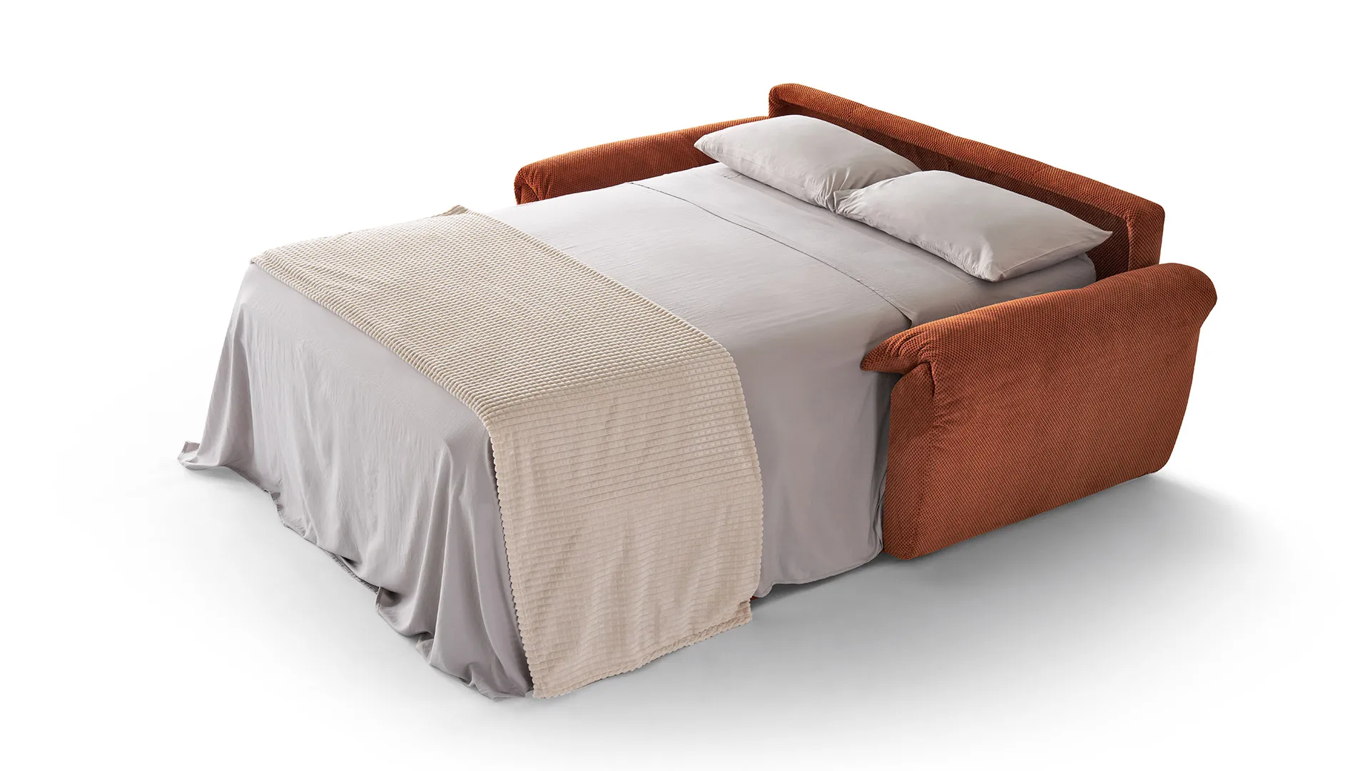 Divano letto Iron Aerre Divani ruggine aperto con materasso alto e lenzuola chiare