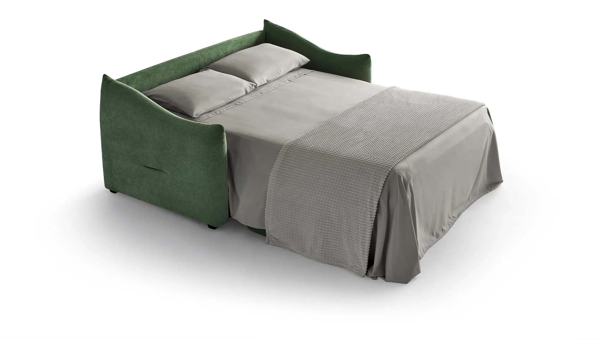 Divano letto Adami Aerre Divani verde aperto con materasso e lenzuola grigie