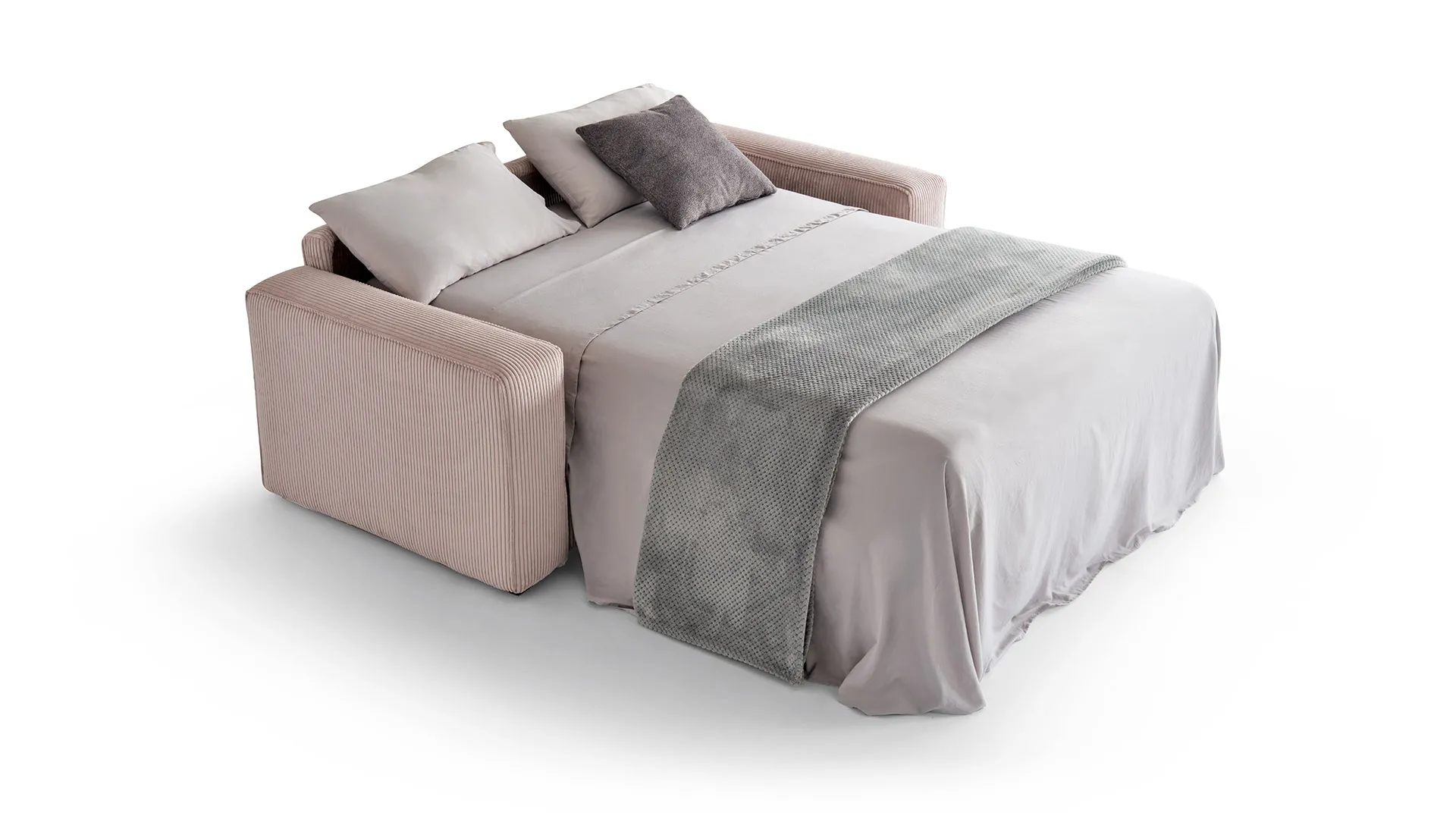Divano letto Melita Aerre Divani rosa aperto con materasso e plaid grigio