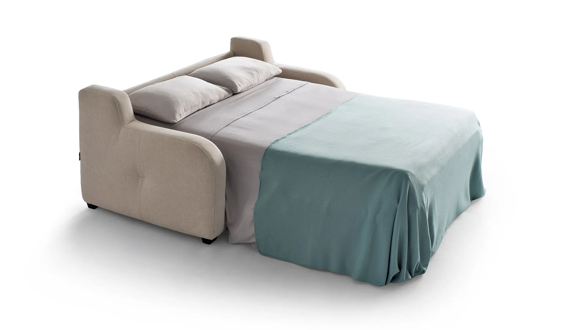 Divano letto Astoria Aerre Divani aperto con materasso e copriletto verde acqua