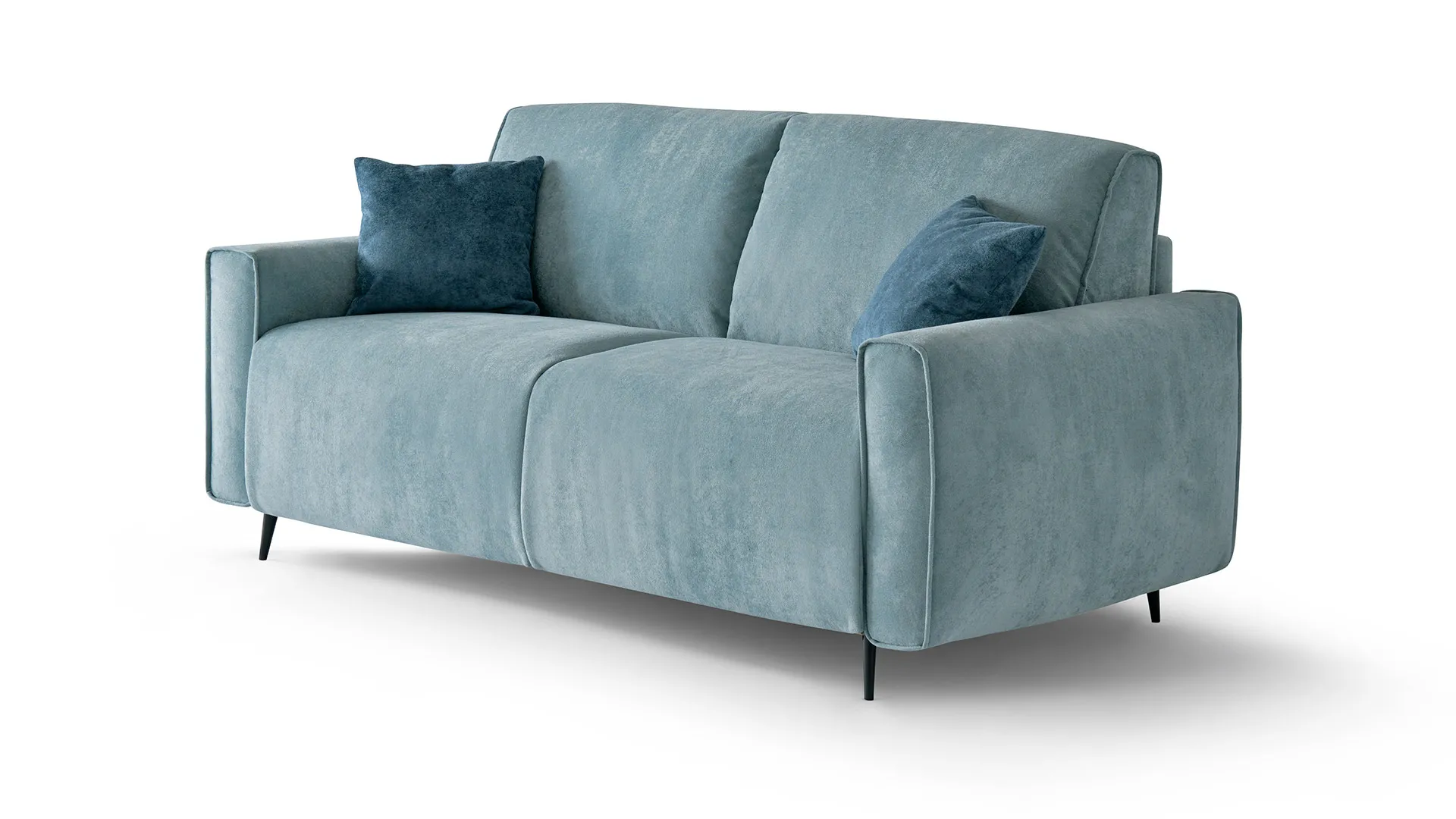 Divano letto Ginevra Aerre Divani azzurro con cuscini blu e piedini alti, su fondo bianco