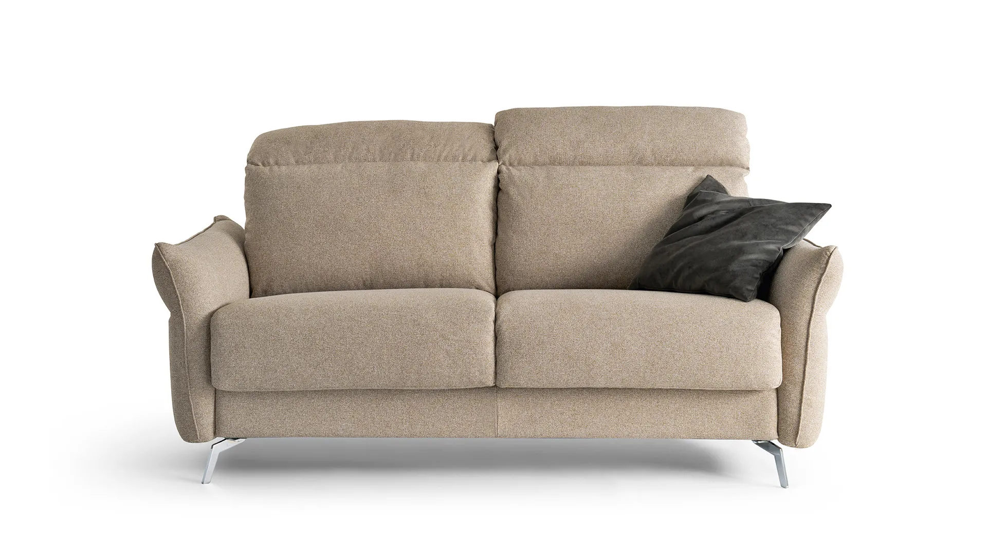 Divano letto Silvia Aerre Divani beige con cuscino nero e piedini metallici, su fondo bianco