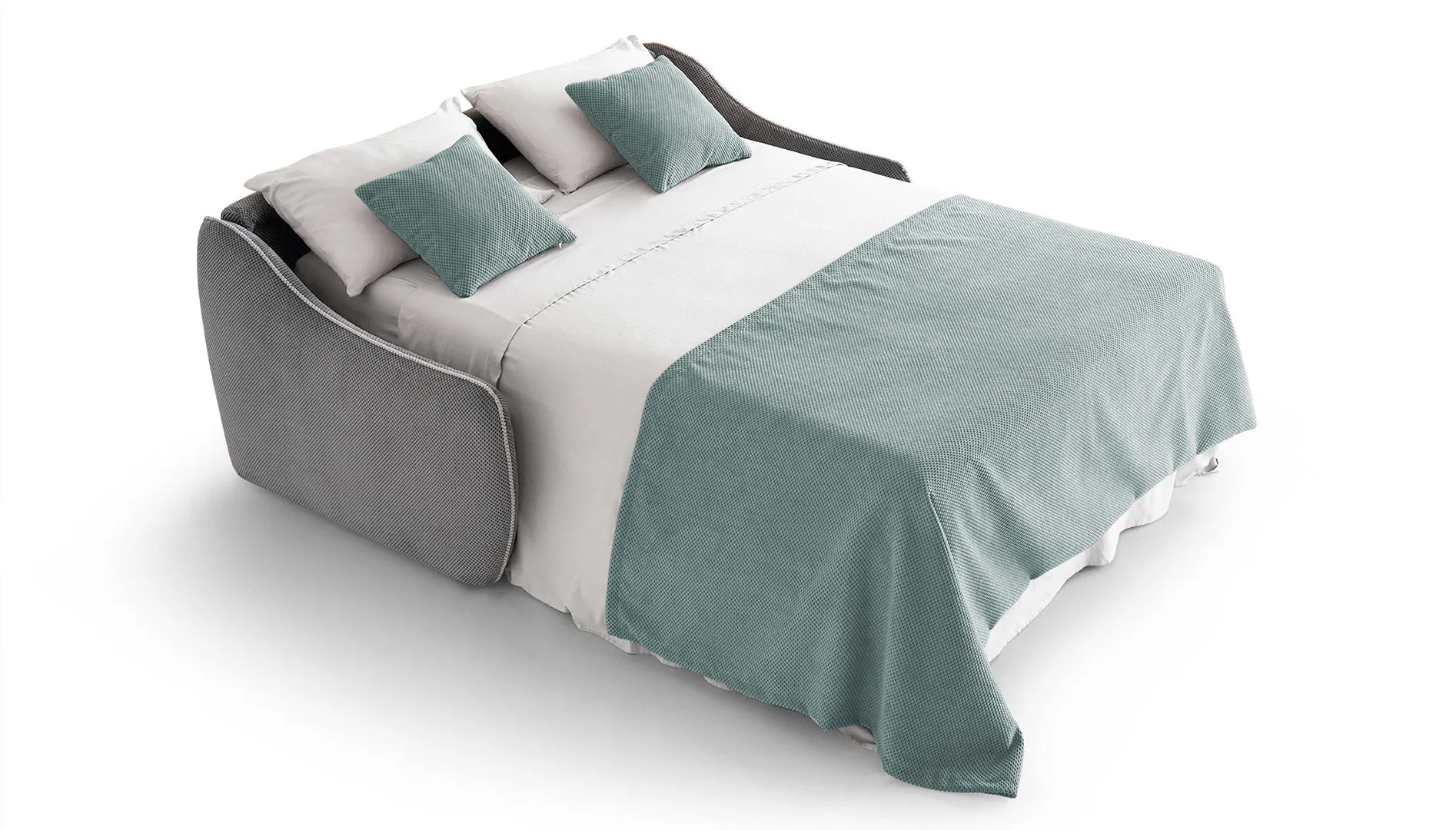 Divano letto Cherry Aerre Divani grigio aperto con lenzuola bianche e plaid azzurro