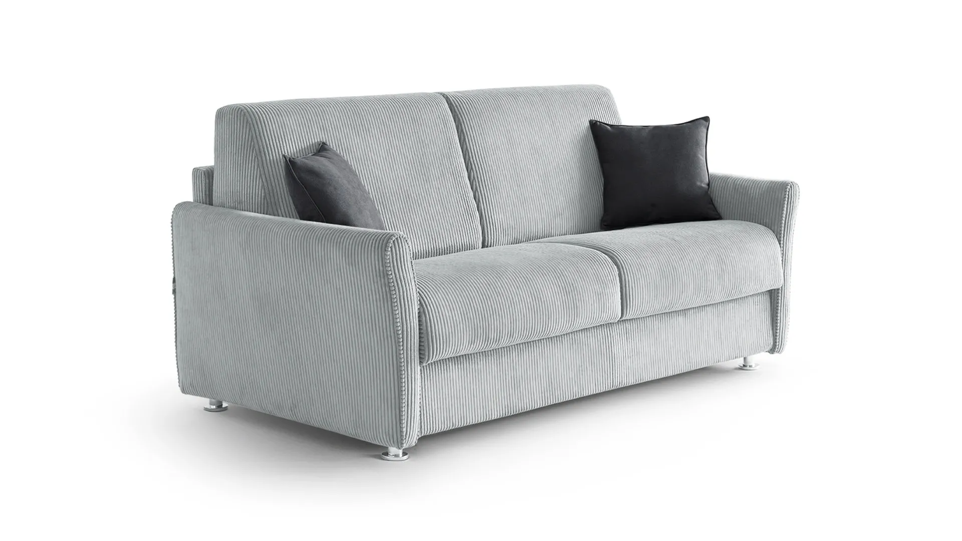 Divano letto Maya Aerre Divani grigio chiaro con cuscino nero, su fondo bianco