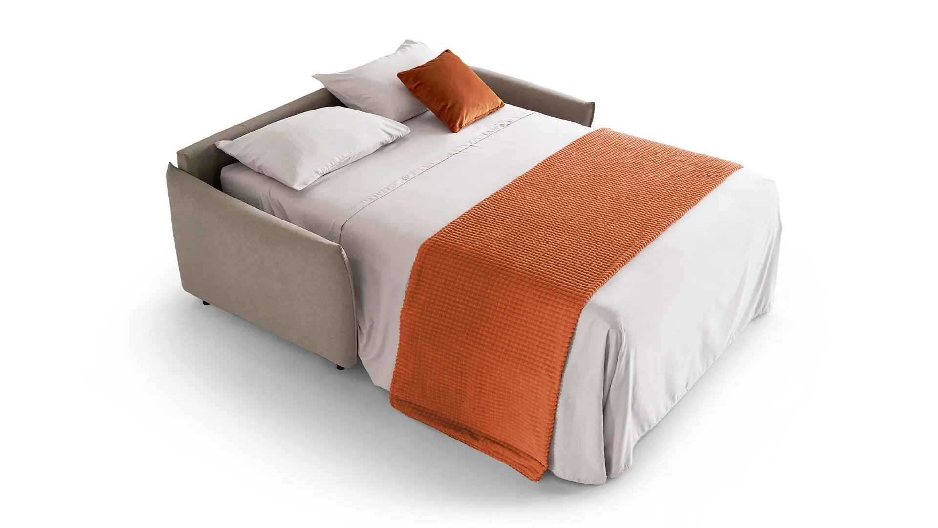 Divano letto Oasi Aerre Divani aperto con lenzuola bianche e plaid arancio