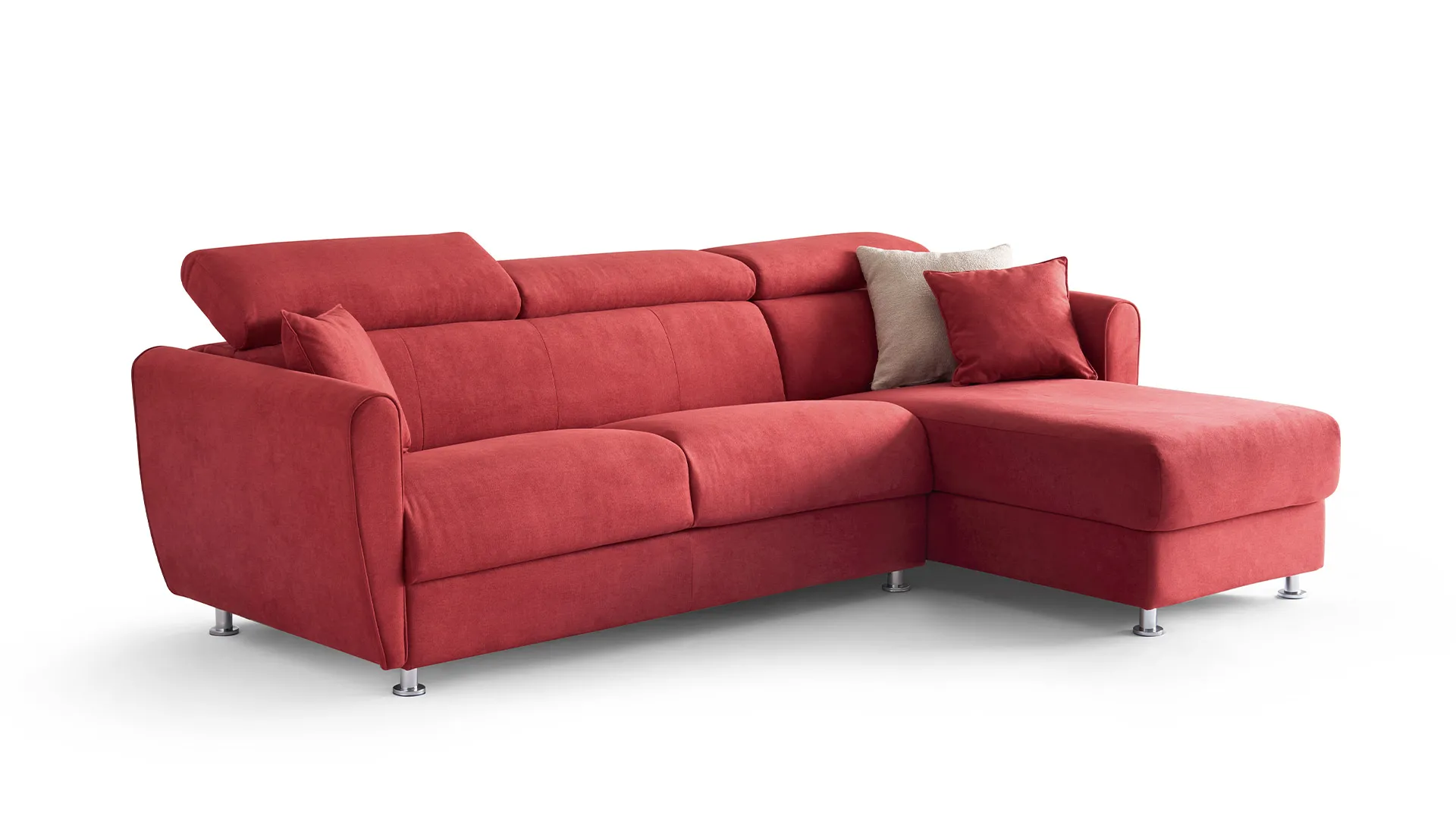 Divano letto Gina Style Aerre Divani rosso con chaise longue e poggiatesta, su fondo bianco