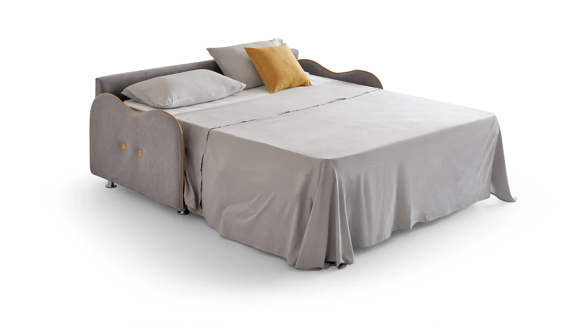 Divano letto Titti Basic Aerre Divani aperto con lenzuola grigie e cuscino giallo