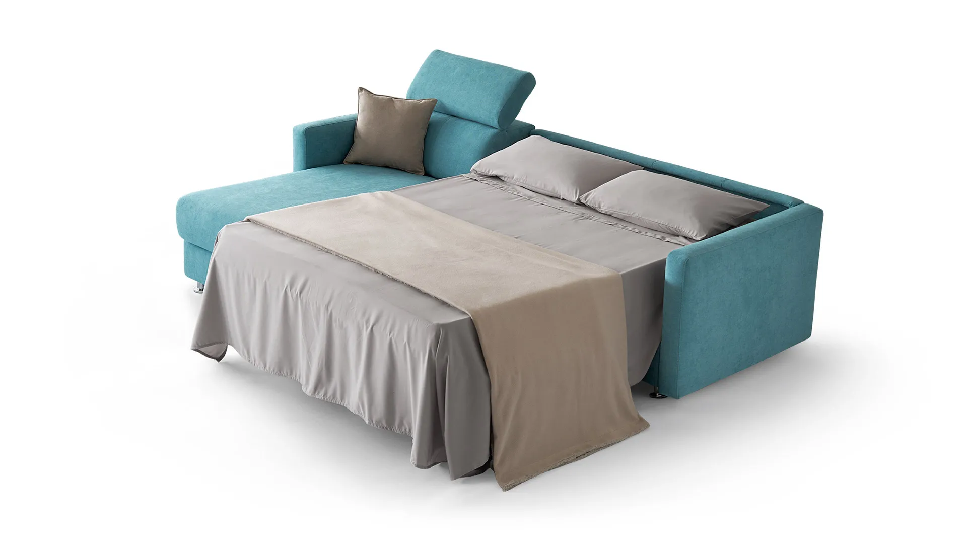 Divano letto Ingrid Aerre Divani petrolio aperto con chaise longue e lenzuola