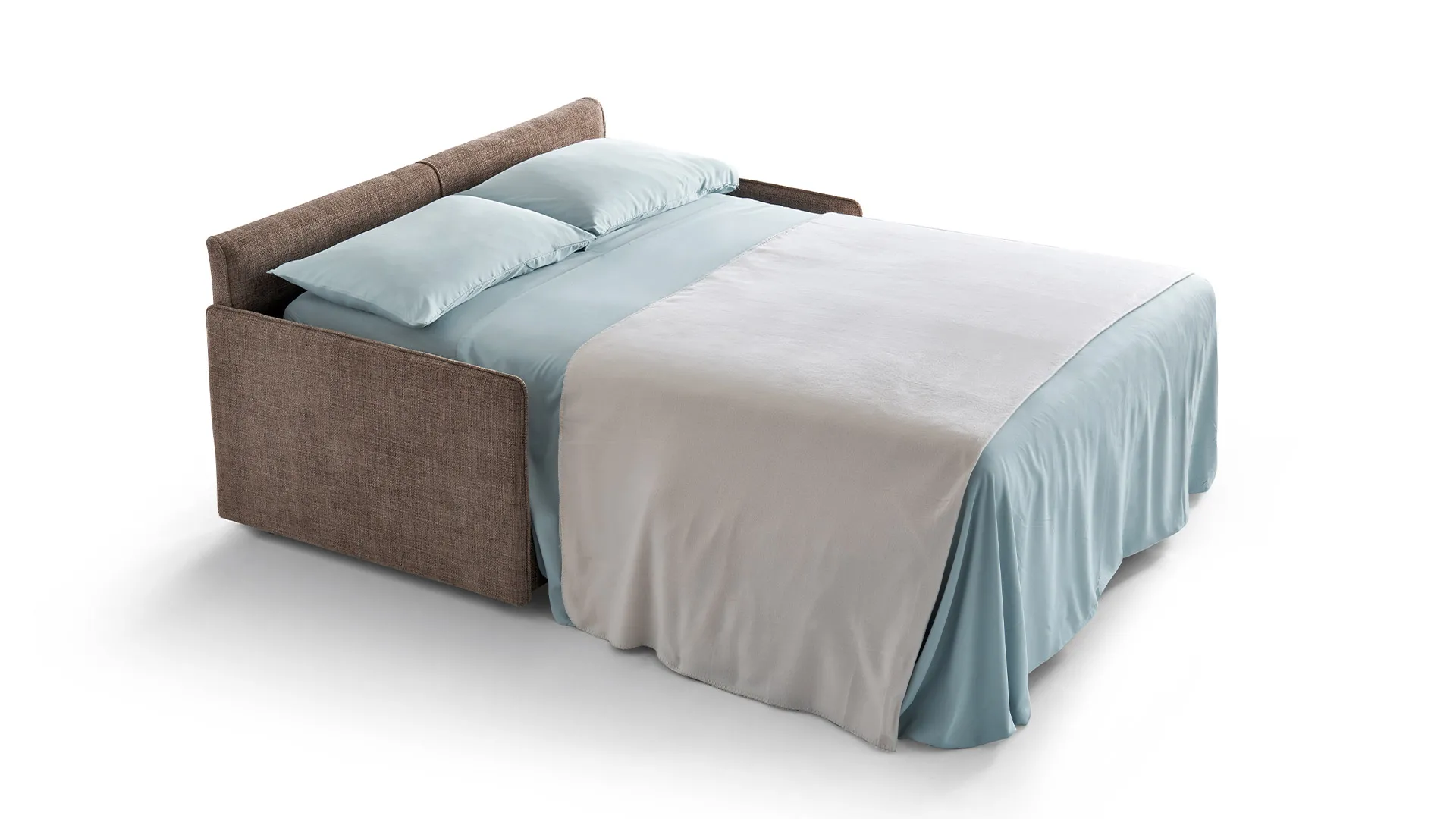 Divano letto Vicky Aerre Divani marrone aperto con lenzuola azzurre