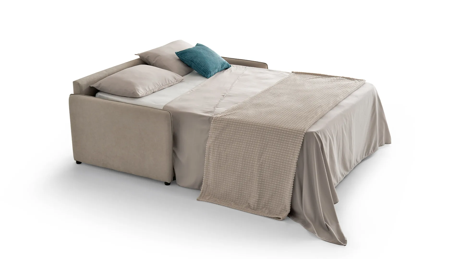 Divano letto Gloria Aerre Divani tortora aperto con lenzuola e cuscino blu