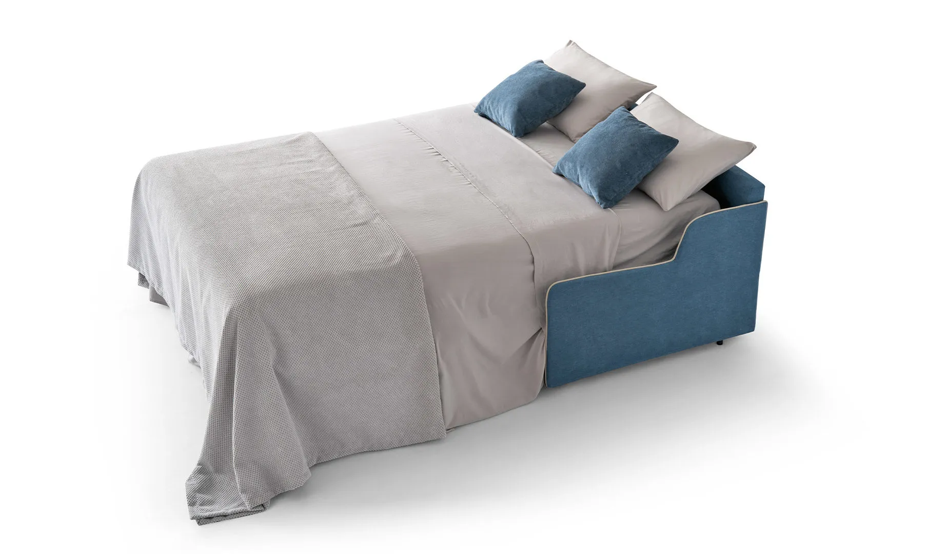 Divano letto Slim Aerre Divani blu aperto con lenzuola e cuscini