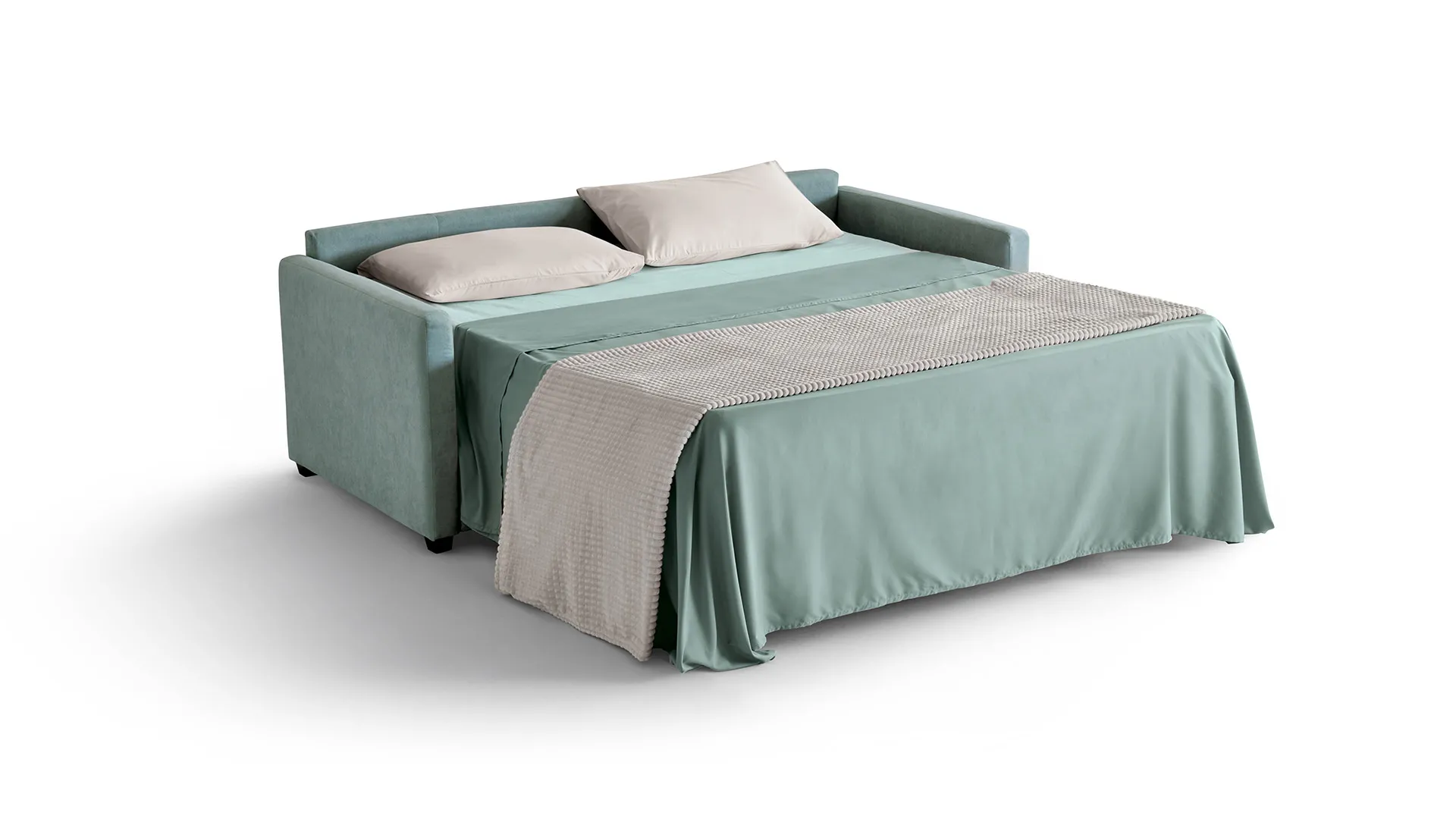 Divano letto Corinne Aerre Divani verde acqua aperto con lenzuola