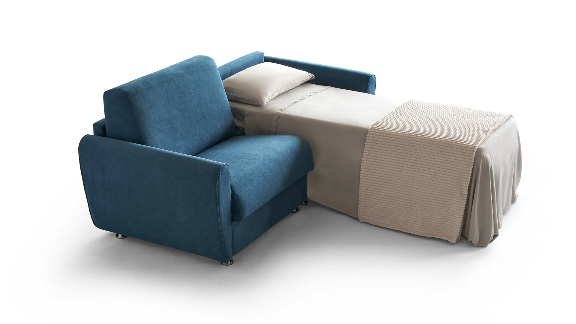 Divano Gina Basic Aerre Divani blu con i due letti aperti ad angolo
