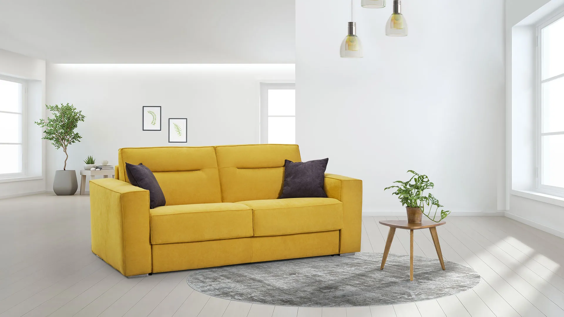 Divano Miriam Aerre Divani giallo con schienale Modern in un soggiorno bianco