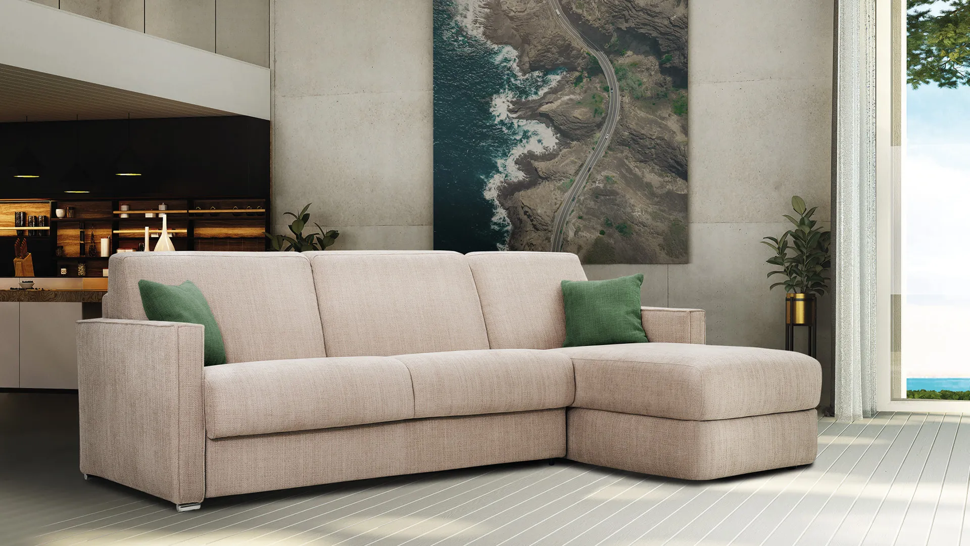 Divano Brenda Aerre Divani beige con chaise longue e cuscini verdi in un open space
