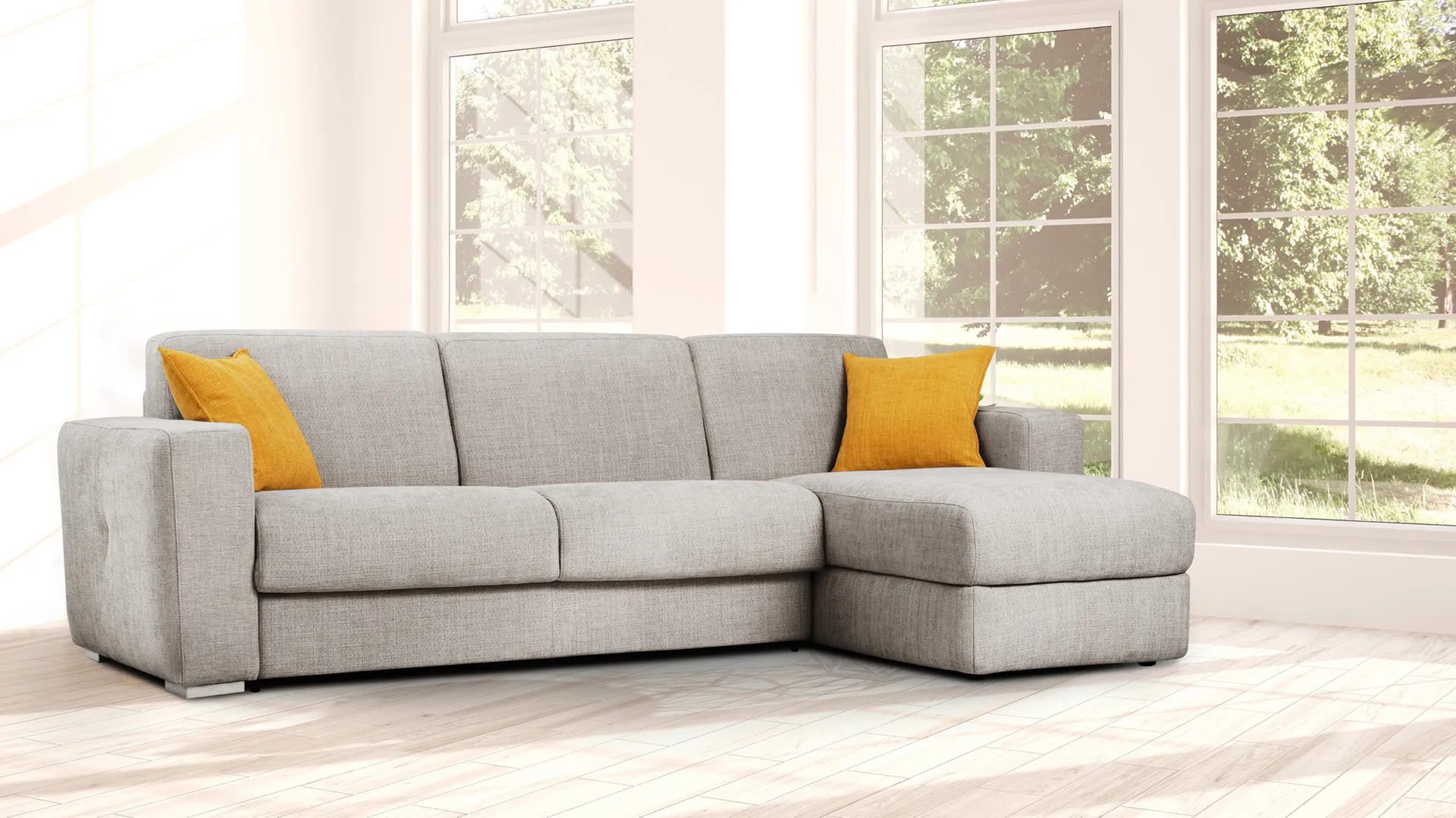 Divano Stella Aerre Divani grigio chiaro con chaise longue e cuscini gialli