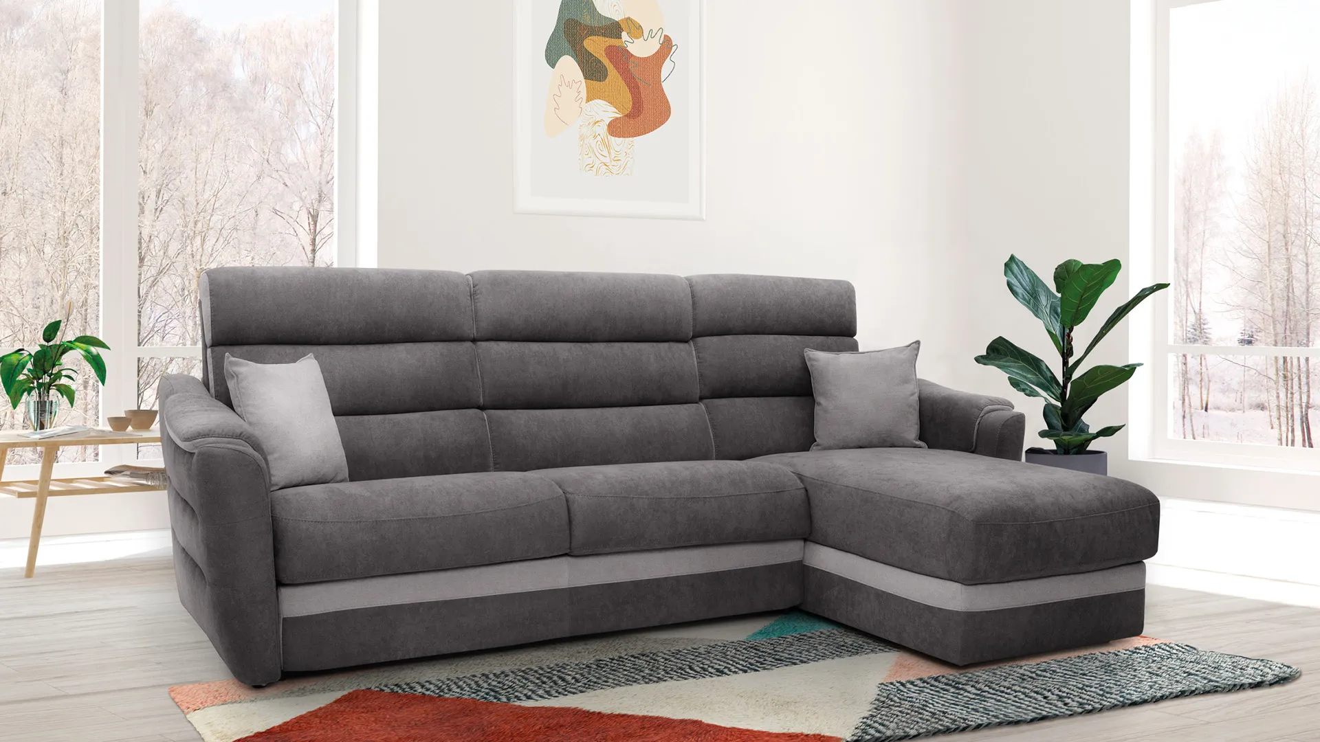 Divano Elettra Deluxe Aerre Divani grigio scuro con chaise longue su tappeto colorato