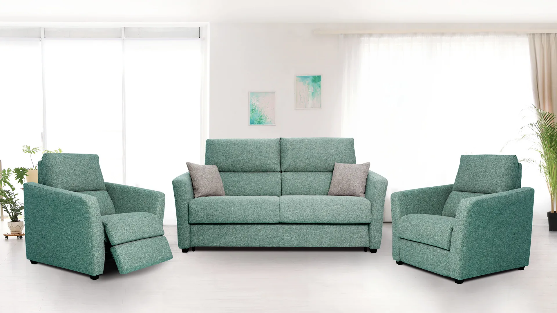Divano Elsa Soft Aerre Divani verde acqua con due poltrone relax abbinate