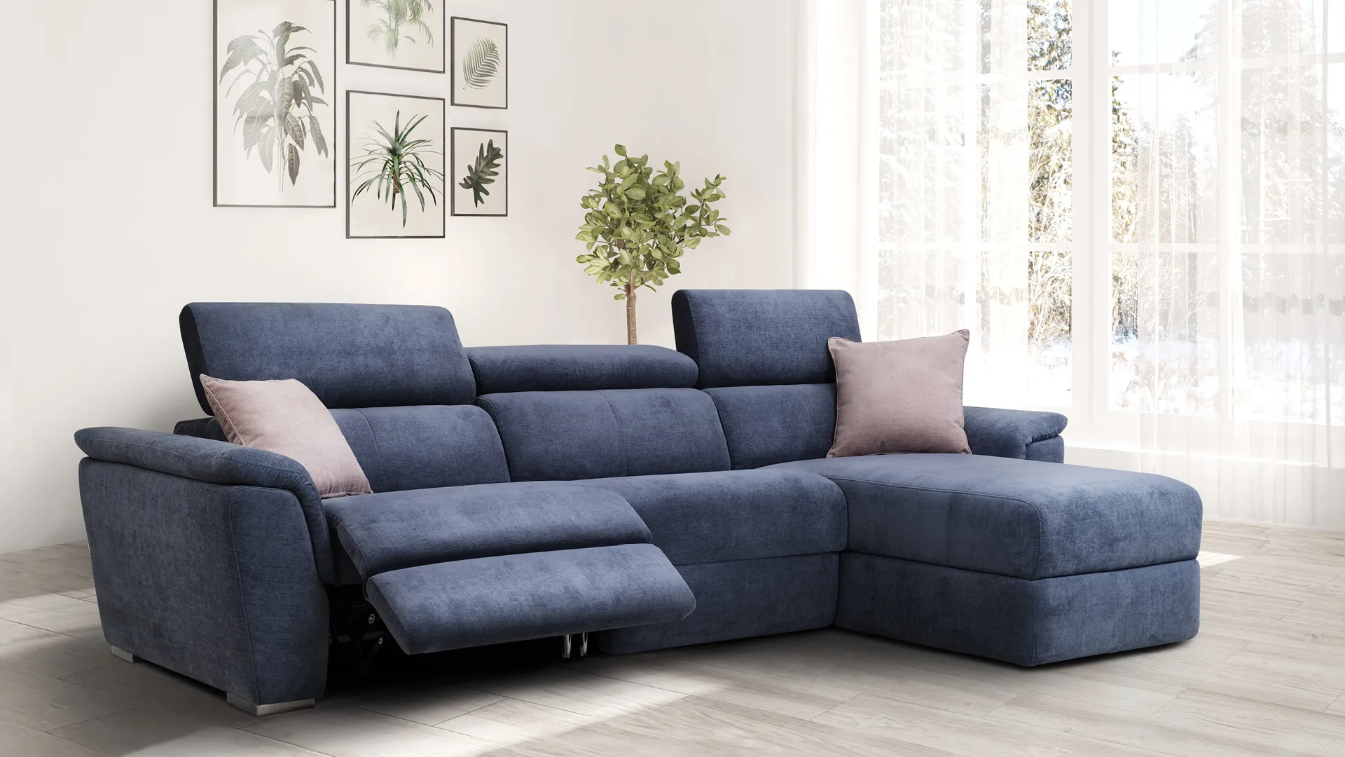 Composizione relax Gaia Trend Aerre Divani blu con poggiatesta alzati ed elemento aperto