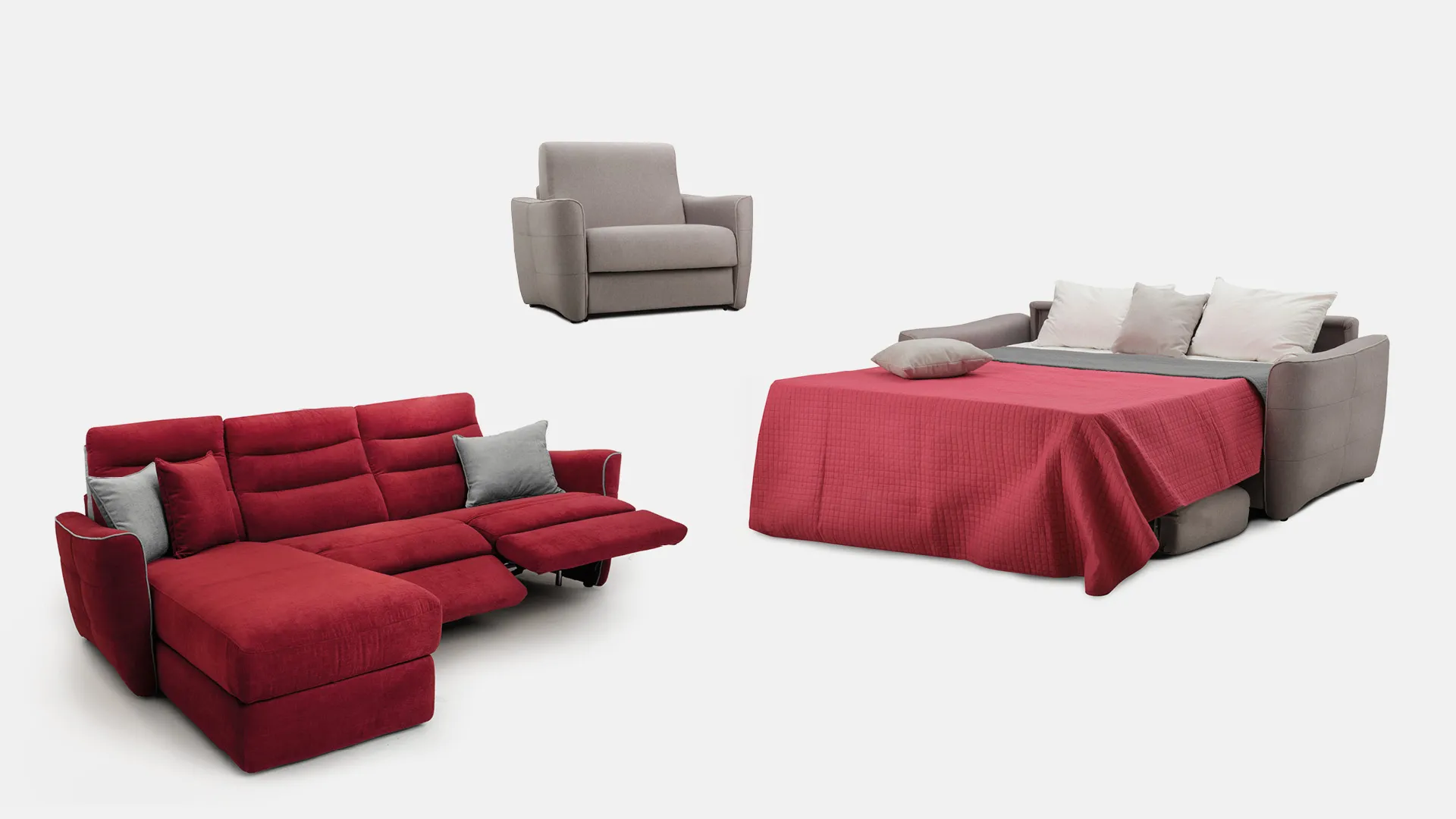 Divano Dina Aerre Divani rosso con relax aperto, poltrona e versione letto, su fondo grigio