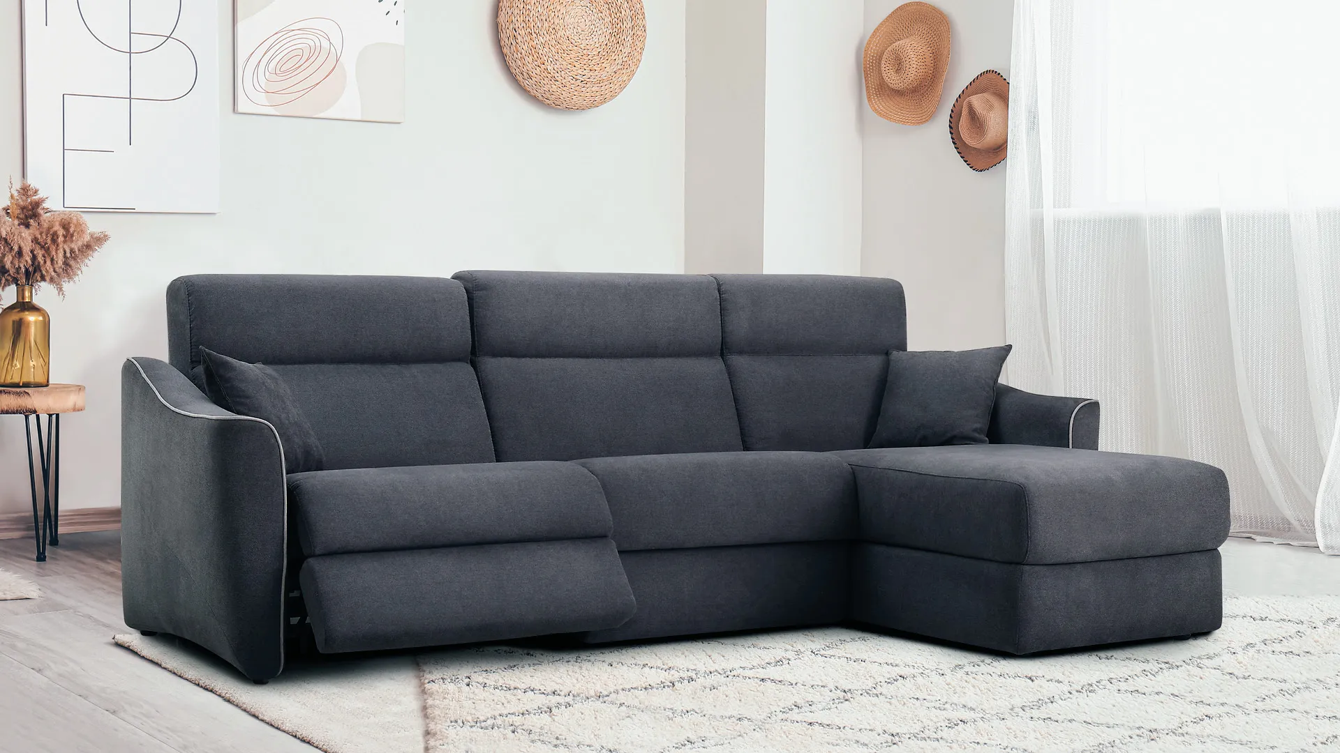 Composizione Nicole Aerre Divani grigio antracite con chaise longue e relax aperto