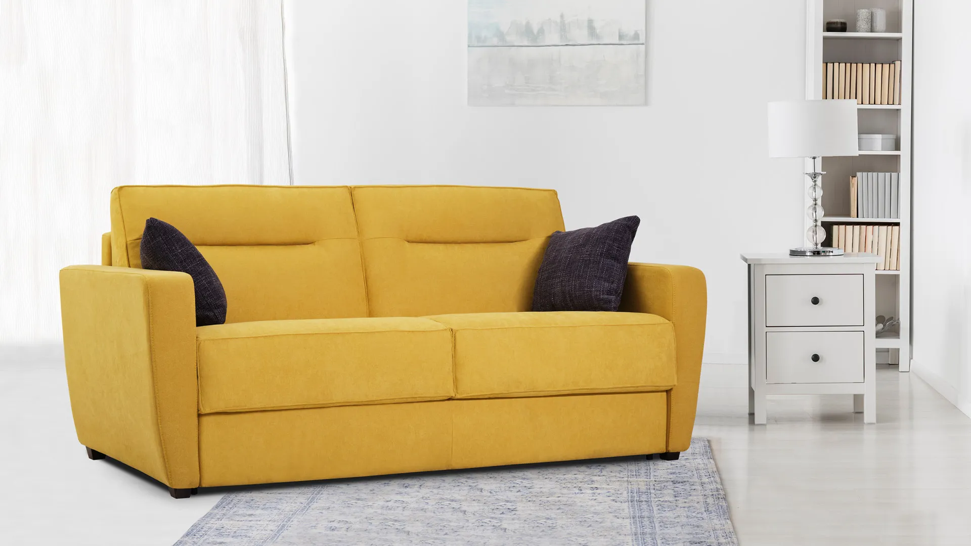 Divano Nora Modern Aerre Divani giallo senape con cuscini scuri