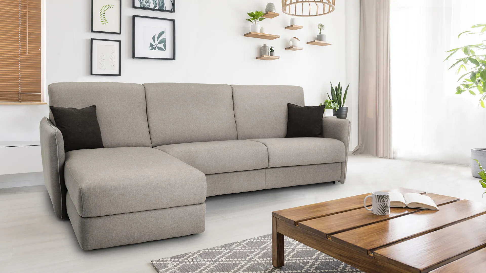 Composizione Luisa Pop Aerre Divani grigio chiaro con chaise longue e tavolino in legno