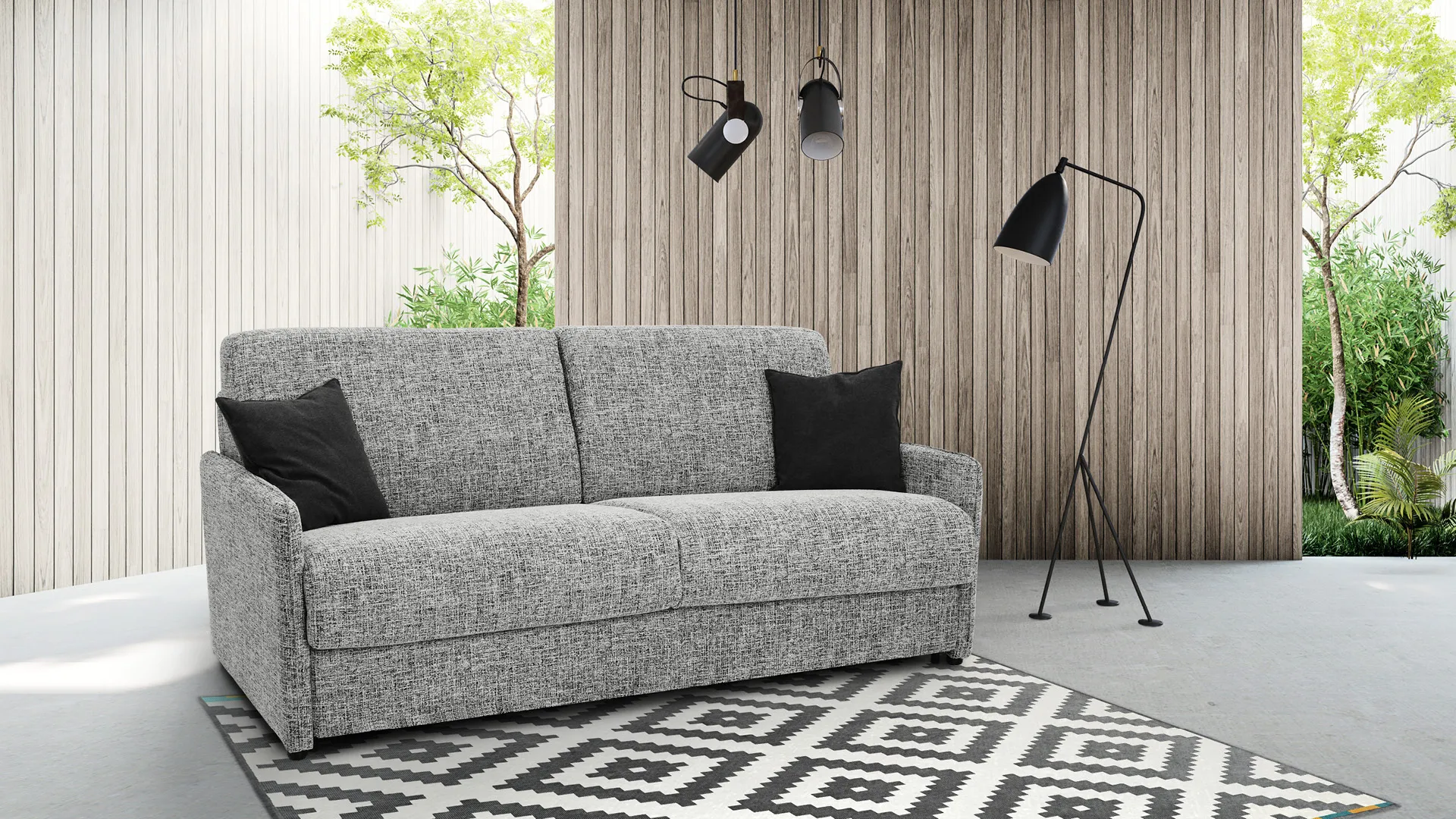 Divano Mia Easy Aerre Divani grigio melange su tappeto geometrico