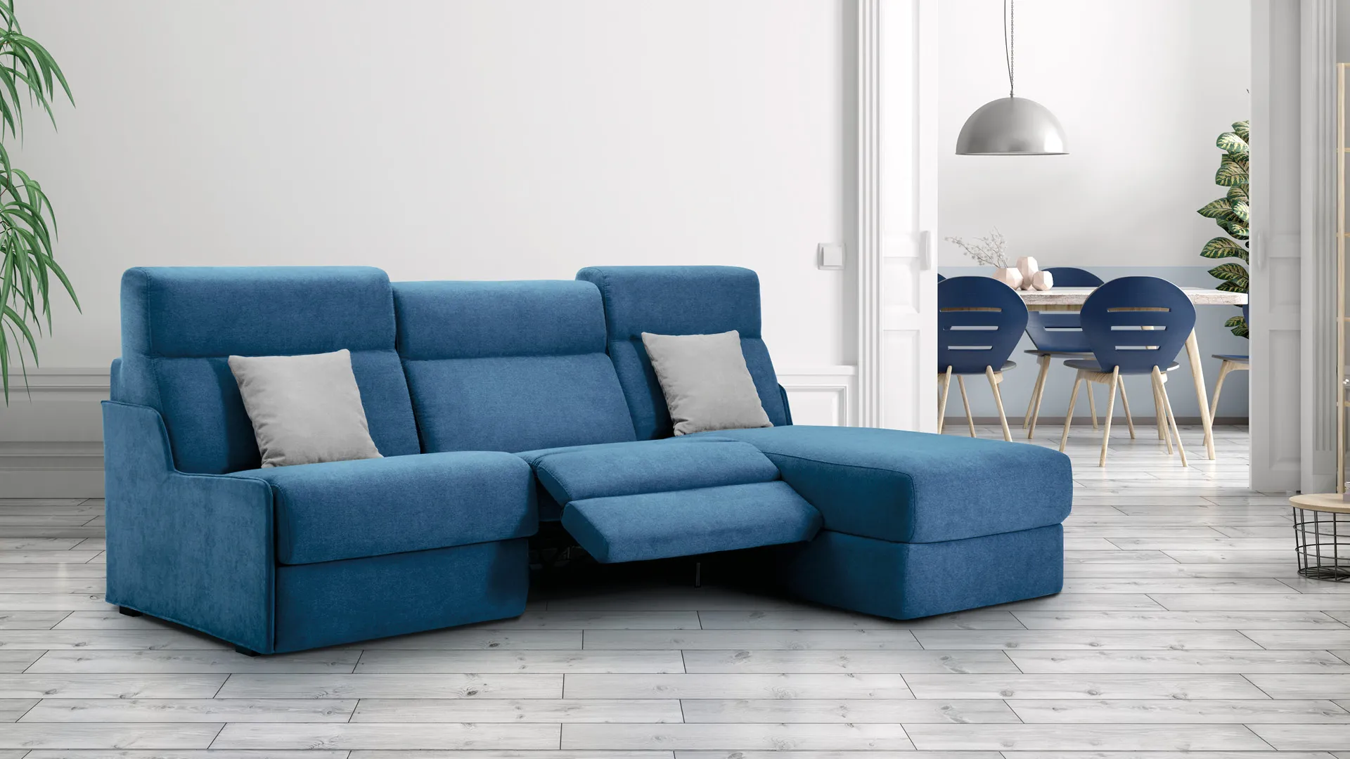 Composizione relax Luna Jazz Aerre Divani blu con chaise longue ed elemento relax aperto