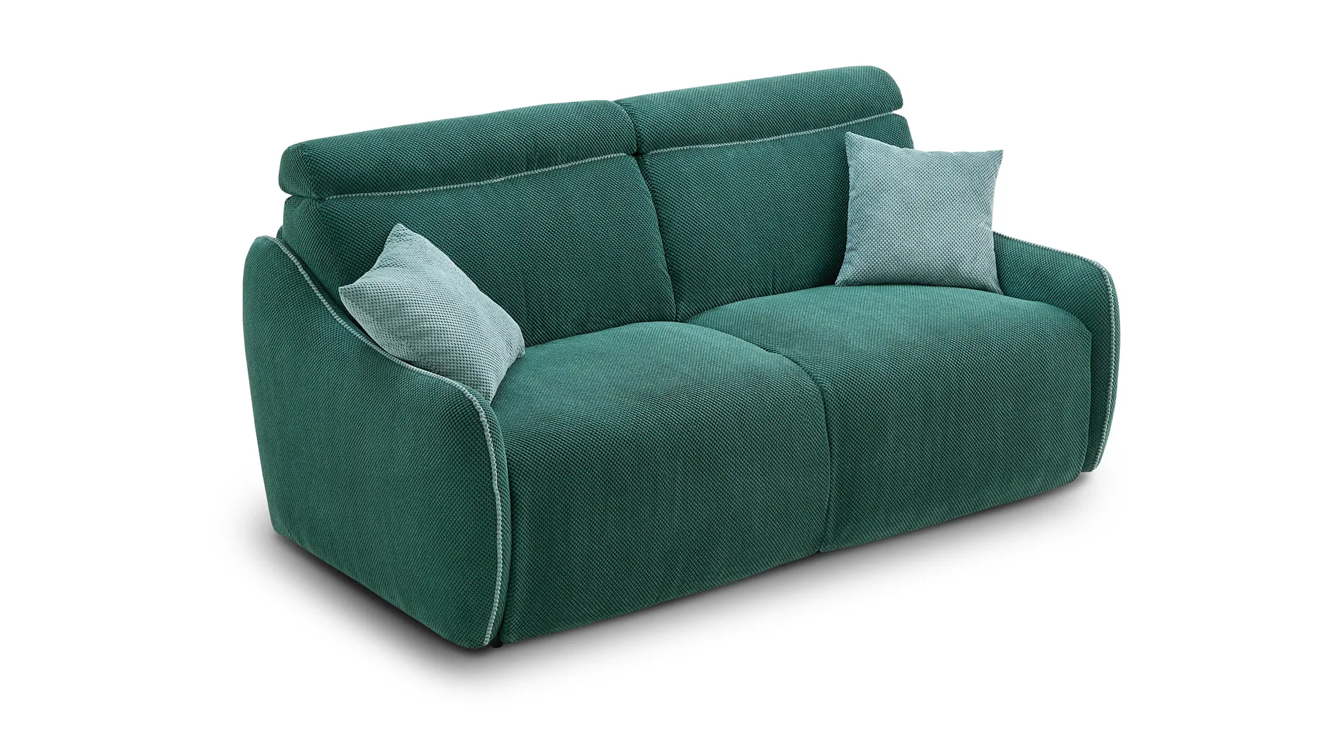 Divano letto Apple Aerre Divani verde con bordino chiaro e cuscini, su fondo bianco