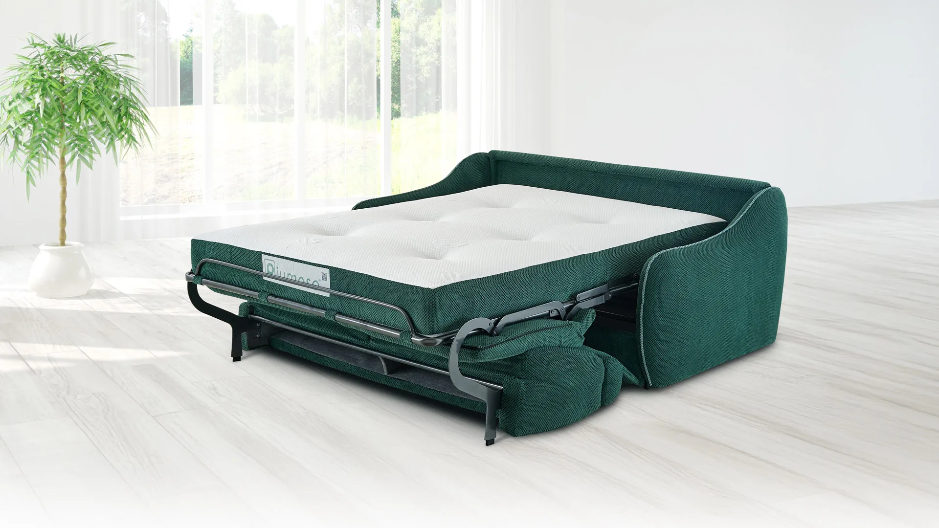Divano letto Apple Aerre Divani verde aperto con materasso, in un ambiente luminoso