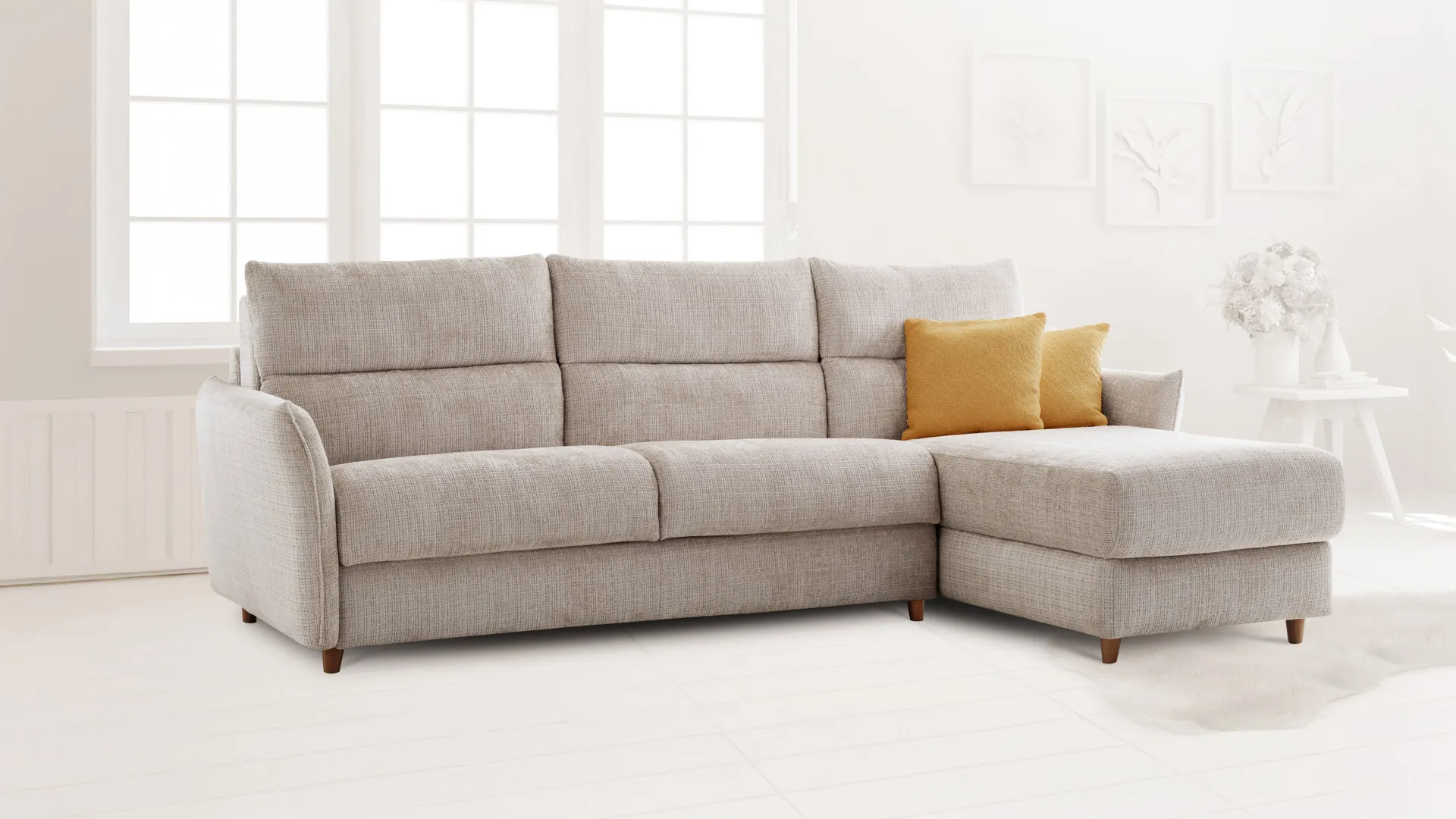 Divano letto Penny Aerre Divani beige con chaise longue e cuscino giallo