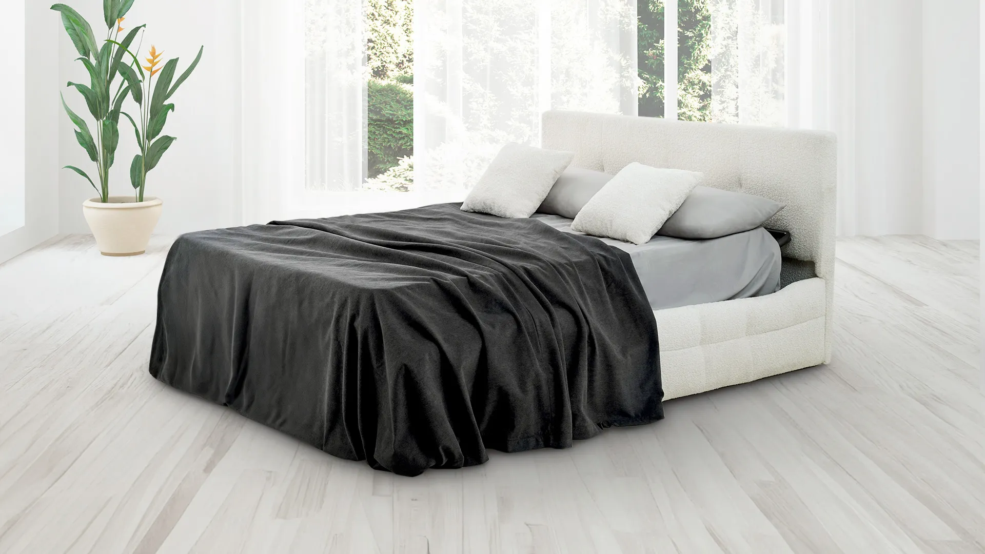 Divano letto Pascal Aerre Divani aperto con coperta grigio scuro
