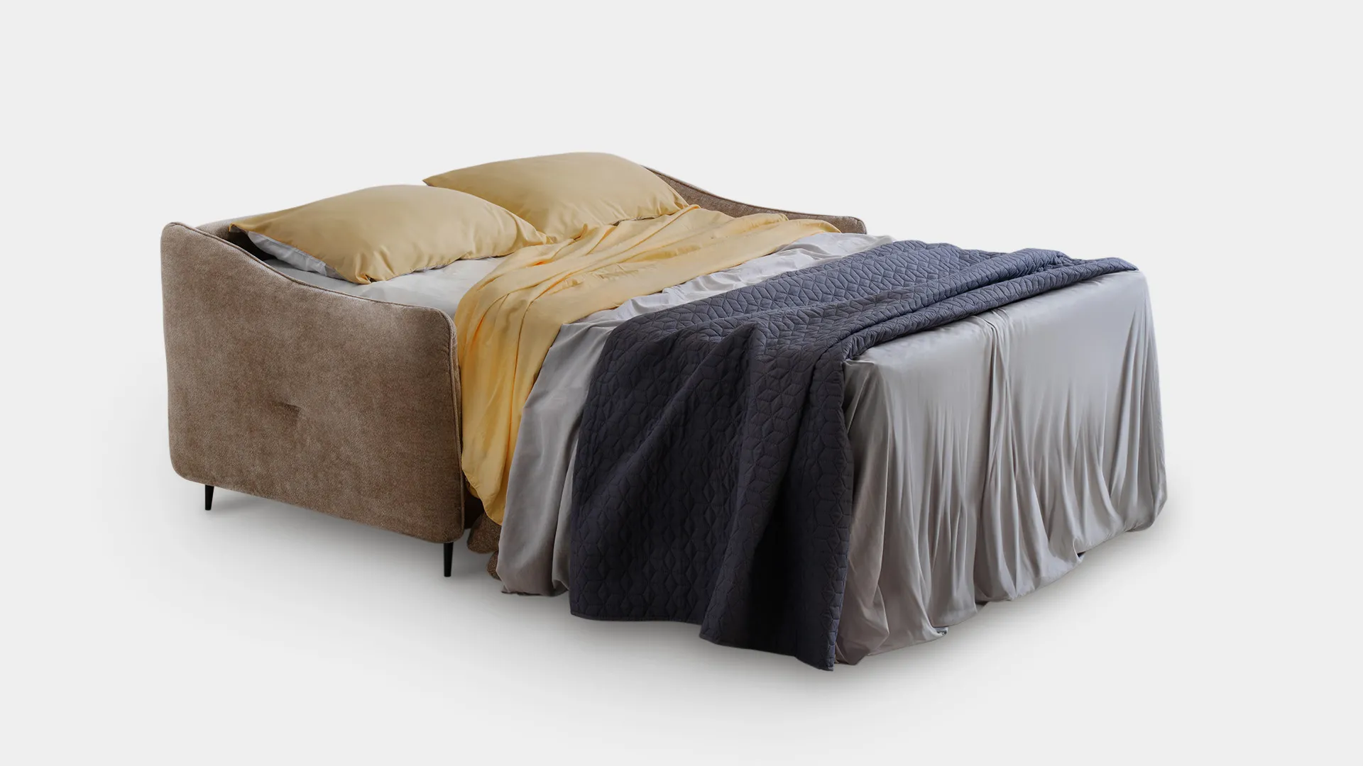 Divano letto Florence Aerre Divani aperto con coperta blu e lenzuola gialle
