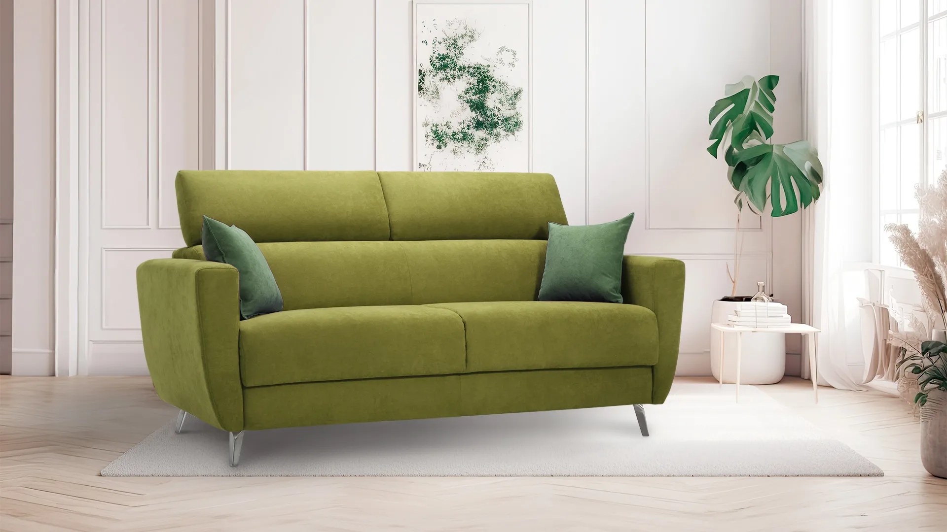 Divano letto Sveva Aerre Divani verde oliva con poggiatesta in un soggiorno bianco