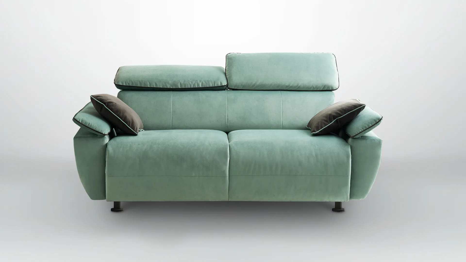 Divano letto Caravaggio Aerre Divani verde salvia con cuscini scuri, vista frontale
