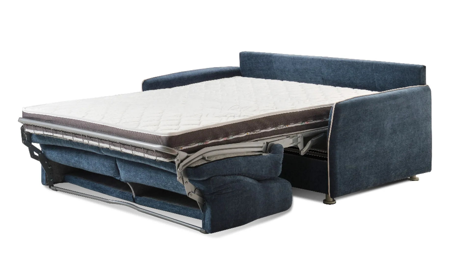 Divano letto Zara Aerre Divani blu aperto con materasso e rete in vista