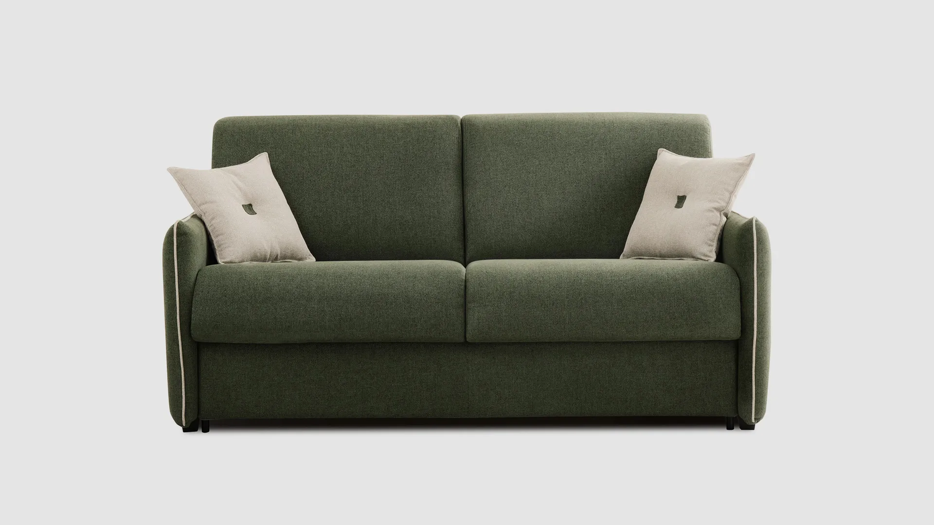 Divano letto Kristal Aerre Divani verde bosco con cuscini panna, vista frontale