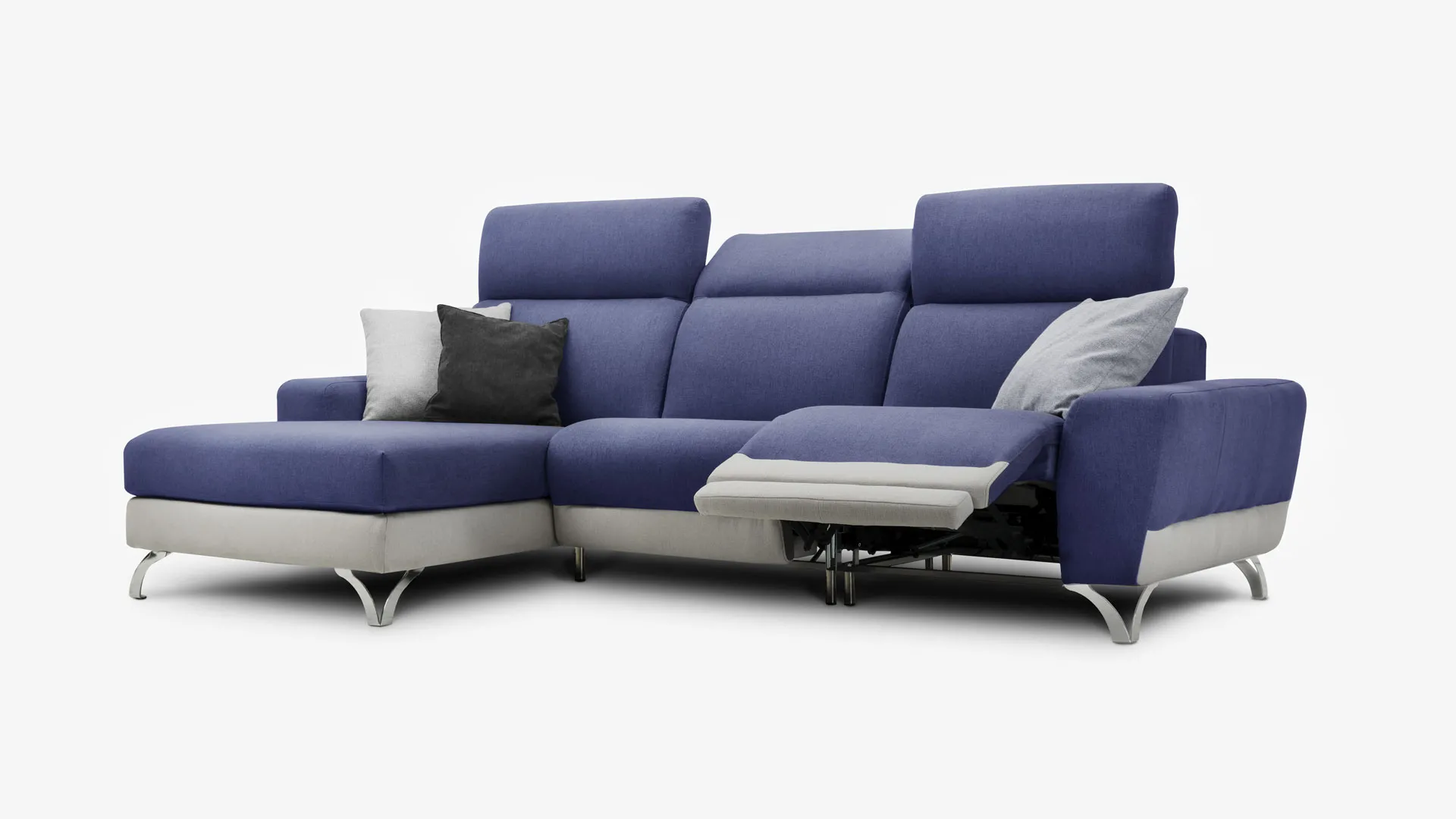 Composizione Tiffany Aerre Divani blu con base grigia e relax aperto, su fondo bianco
