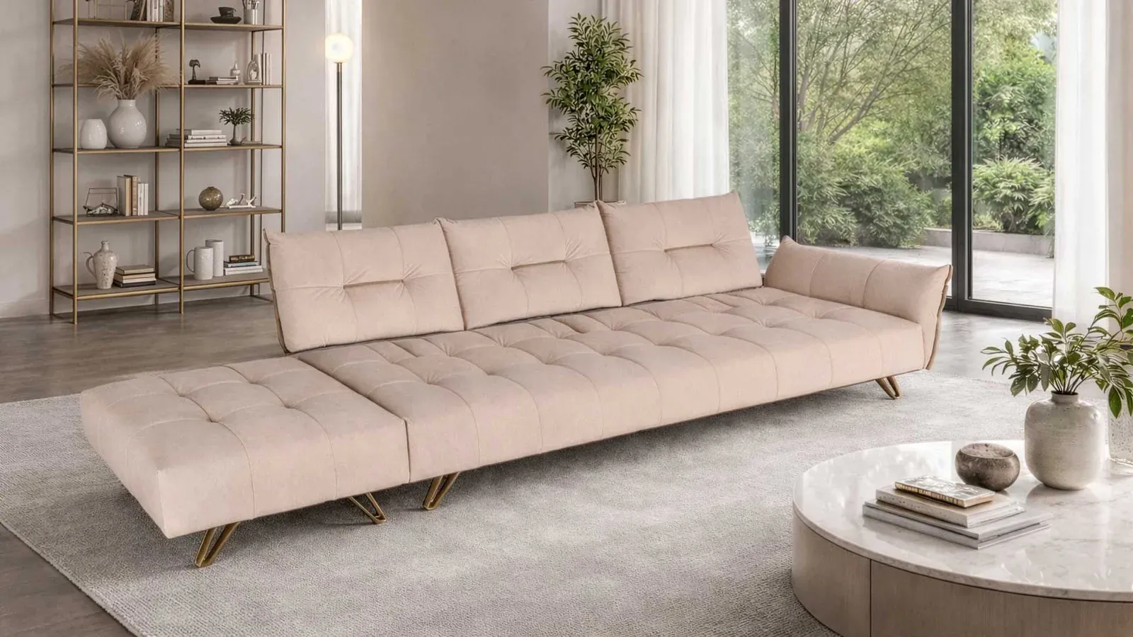 Divano Prestige Binomi chiaro con tavolino basso e vetrate sul giardino